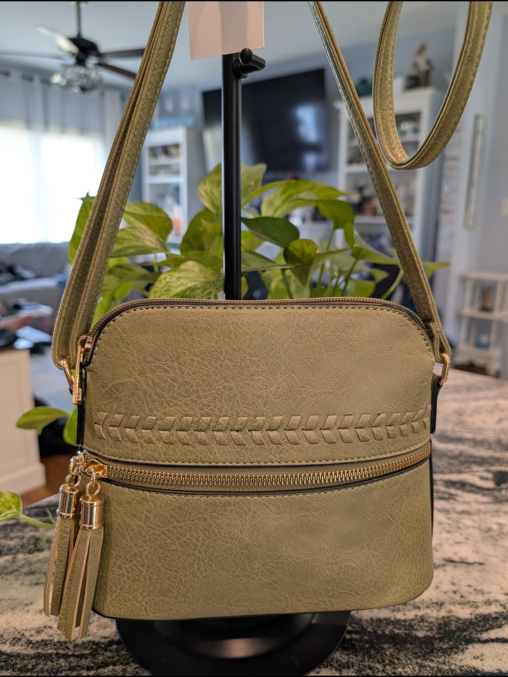 Olive Braided Accent Crossbody Bag with Tassel Zipper